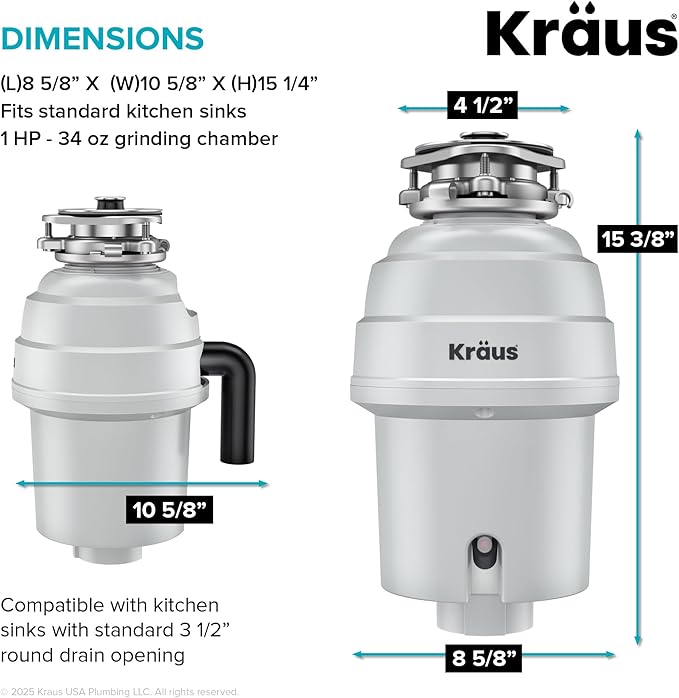 KRAUS WasteGuard 1 HP Continuous Feed Garbage Disposal with Ultra-Quiet Motor for Kitchen Sink with Power Cord and Flange Included, KWD201-100MCG