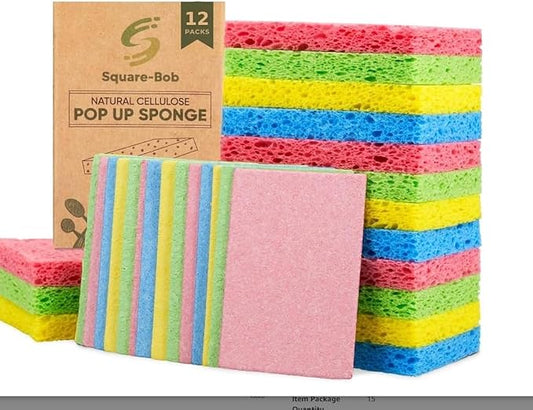 Compressed Non-Scratch Kitchen Sponges - Highly Absorbent for Dishes, Countertop, Sink, Car - Biodegradable, Quick Drying Cellulose Sponges - Assorted Colors (Pack of 12)