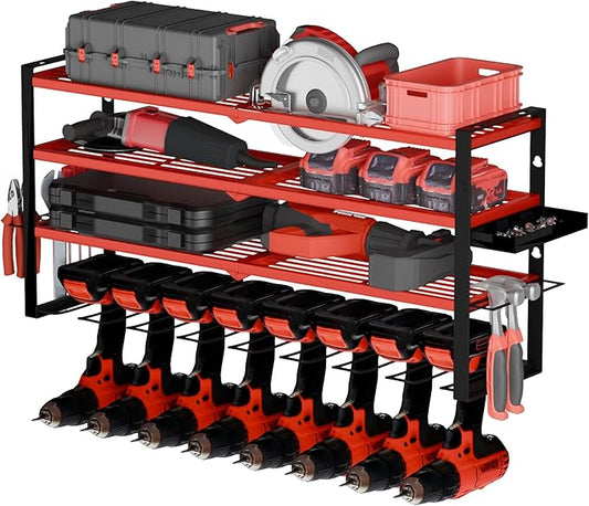 Power Tool Organizer Wall Mount – Metal Cordless Drill Storage Rack with 8 Slots, 4-Tier Adjustable Shelf for Garage, Workshop & Shed Red