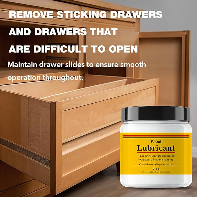 Upgrade Wood Lubricant & Wood Wax for Drawers, Doors, Hinges - Multi-Purpose Semi Paste Wax for Wood - Drawer & Door Hinge Lubricant - Loosen Drawer Slide - Restore & Preserve Wooden Slide - 7oz