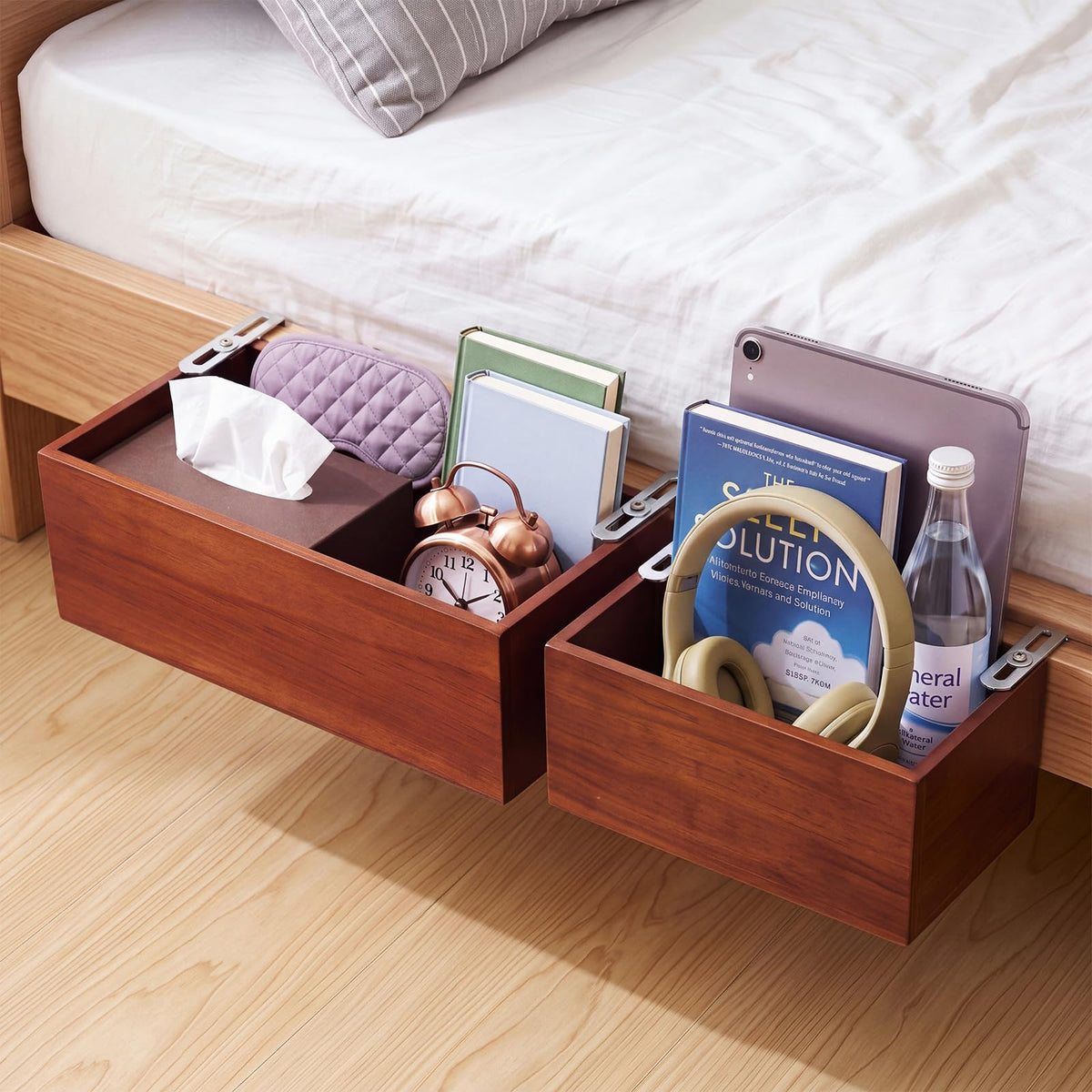 2 Pcs Bunk Bed Shelf 2 Size, Bedside Storage Caddy, Wood, Brown - Image 1