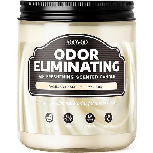 AOOVOO Vanilla Cream Odor Eliminating Highly Fragranced Candle - Eliminates 95% of Pet, Smoke, Food, and Other Smells Quickly, Non Toxic Air Freshing Soy Candle, 9 oz Up to 50 Hours Burn time