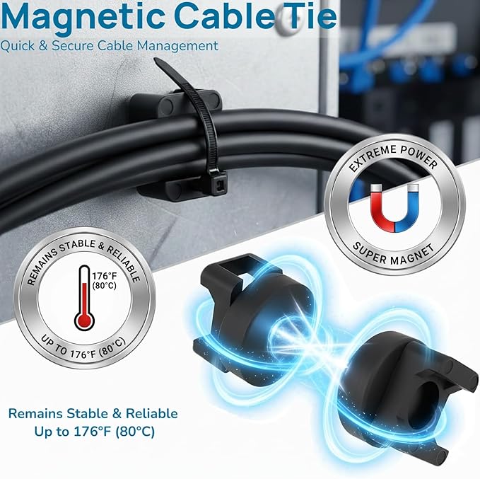 Magnetic Cable Ties Set, 25 Magnetic Zip Tie Mounts with 200 Cable Ties, Strong Wire Holder Cables Management, Multipurpose Electrical Cord Management Cord Holders Organizer (22mm)