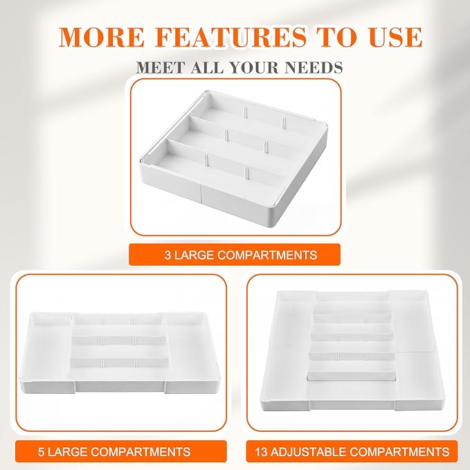 2 Pcs Large Expandable Acrylic Drawer Organizers, Grid Adjustable Drawer, Dividers Organizer for Desk, Makeup, Jewelry, Office, Kitchen Supplies (White,13 Compartments)