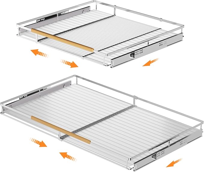SANNO Pan Pot Lid Holder Organizer, Rack Kitchen Organizer for Plates Expandable Pull Out Drawer Organizer and Storage, Cabinet Pots Pans Organizer Sliding Shelf Under Sink Shelf