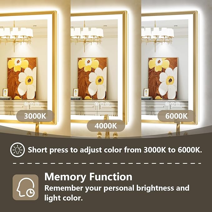 48x32 Gold Framed LED Bathroom Mirror with Lights, Backlit and Front Light, Lighted Bathroom Vanity Mirror for Wall Dimmable Anti-Fog Memory Tempered Glass Horizontal/Vertical