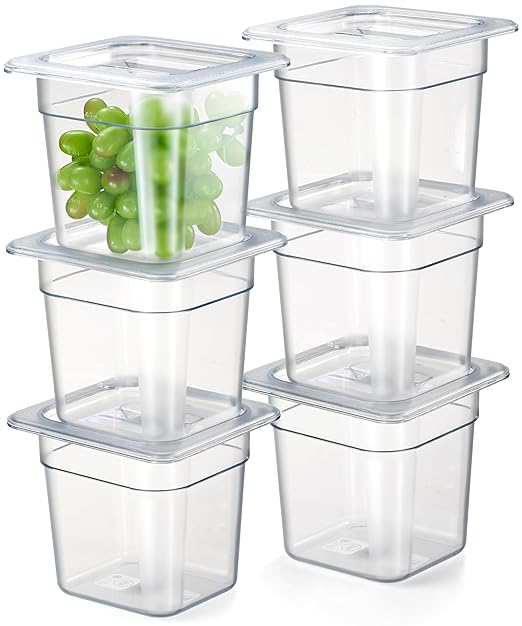 CURTA 6-Pack 1/6 Size 6" Deep NSF Polycarbonate Food Pans with Handled Lids & Drain Trays | Dishwasher & Freezer Safe Clear Container for Prep Tables, Buffet, Salad Bar, Commercial & Home Kitchen