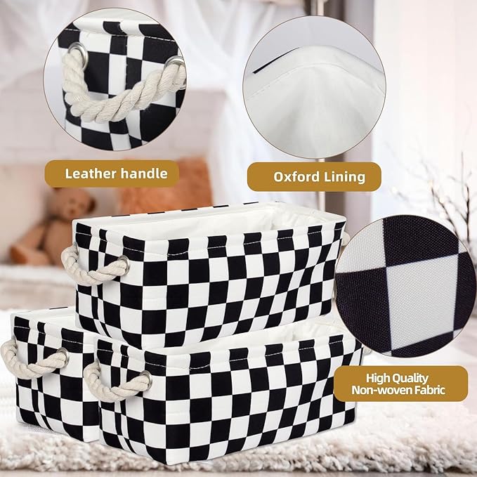 3PC Small Checked Storage Baskets 15x6x5 inch Narrow Toliet Storage Bins with Handles for Papers Closet,Cabinet,Countertop Organizing Small Items (Black)