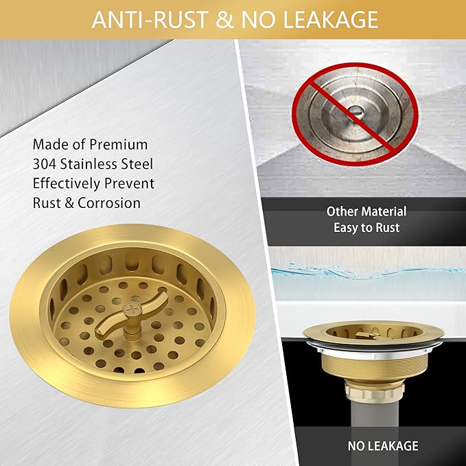 Gold Sink Drain Strainer 3-1/2 Inch Kitchen Sink Drain Assembly Kit with Stainless Steel Strainer Basket and Drain Stopper for Standard Kitchen Sink Brushed Gold