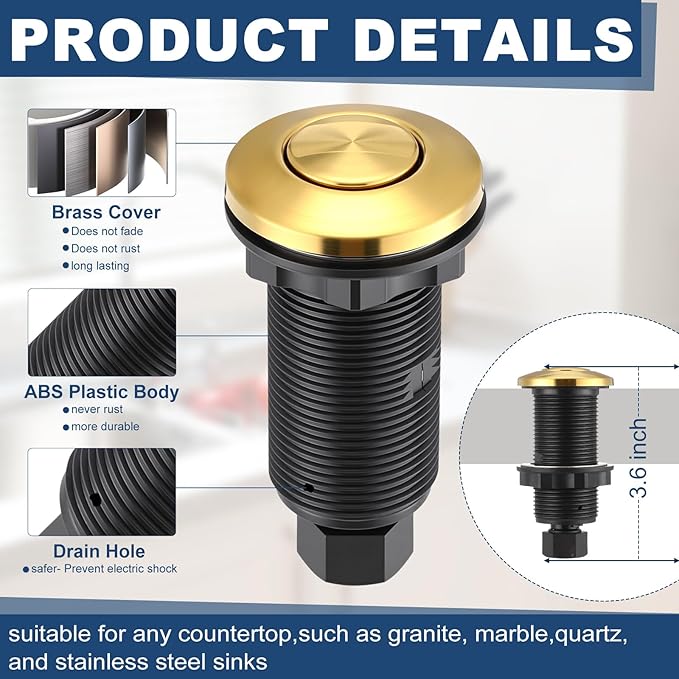 Garbage Disposal Air Switch Kit Wireless Sink Top Garbage Disposal Button Stainless Steel/On/Off Waterproof Button Kit with Long Switch Matte UL Listed(Single Outlet,Gold,Short Size)