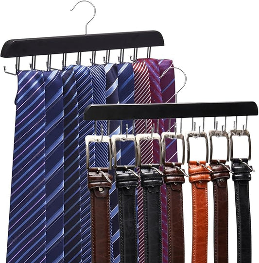 Wooden Tie Rack & Belt Holder 2 Pack, 20-Hook Necktie Hanger & 14-Hook Belt Organizer, Space Saving Multi Functional Closet Storage for Men