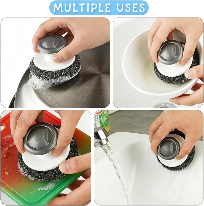 8 Pcs Stainless Steel Scrubber Steel Wool Scrubber Tool Scrubbing Scouring Brush Ball with Handle for Home Kitchen Pots Pans