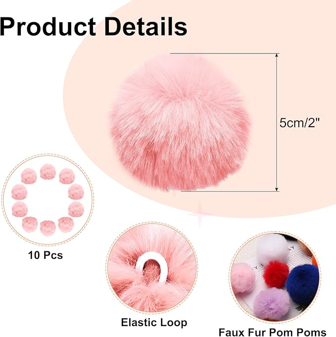 uxcell 2 Inch Faux Fur Pom Pom Balls, 10 Pcs Piggy Pink Fluffy Soft Faux Fur Pom Poms for Hats with Elastic Loop for DIY Knitting Hats Keychain Scarves Gloves Bags Shoes Accessories