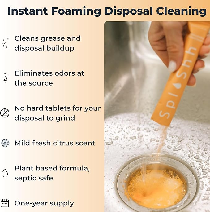 SplaShh Foaming Garbage Disposal Cleaner and Deodorizer, 25 Instant Foaming Powder Packets, 1-Year Supply, Mild Citrus Scent, Kitchen Sink Disposer Cleaner, Drain Odor Eliminator & Freshener