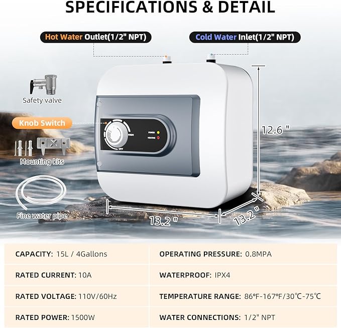 Electric Mini Tank Water Heater, 4Gallon Under Sink On Demand Hot Water Heater, Wall or Floor Mounted, 1500W Point of Use Instant Hot Water for RV Kitchen Bathroom Restaurant