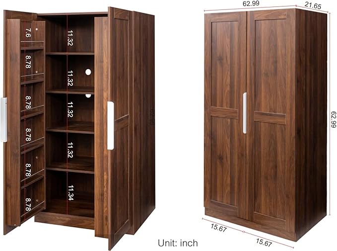 KEIKI 63" Tall Kitchen Pantry Storage Cabinet with Door-Side Rack & Shelves, Freestanding Wood Hutch Food Pantries Cupboard for Coffee Bar, Dining Room