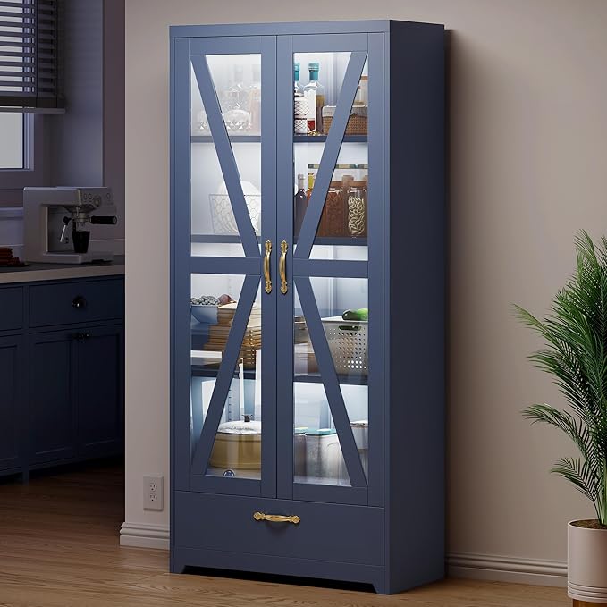 YITAHOME Kitchen Pantry Cabinet with Lights, 61" Metal Storage Cabinets with Adjustable Shelves, Organizer Cabinet with Barn Doors, Freestanding Cupboard with Drawer for Dining Living Room, Navy Blue