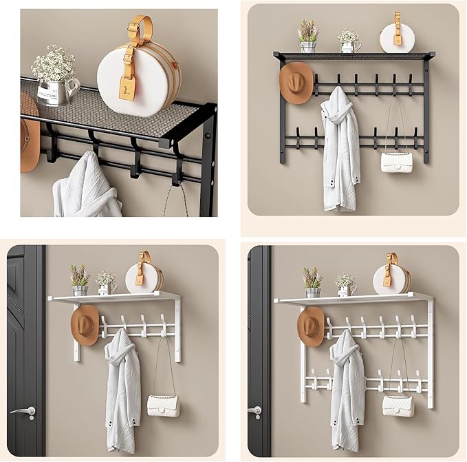 Wall Mount Coat Rack with Shelf and Adjustable Hooks - Entryway Towel Organizer for Bag and Hangers (White, 24x12 inch)