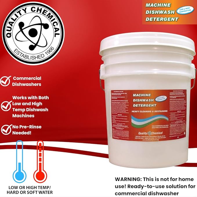 Quality Chemical Heavy Duty Liquid Alkaline Commercial Dishwasher Detergent - Industrial-Grade - Dissolves Food Stains, Grease, Grime and Residue - No Pre-Rinse - Ready-to-Use 5 Gallon Pail (640-oz)