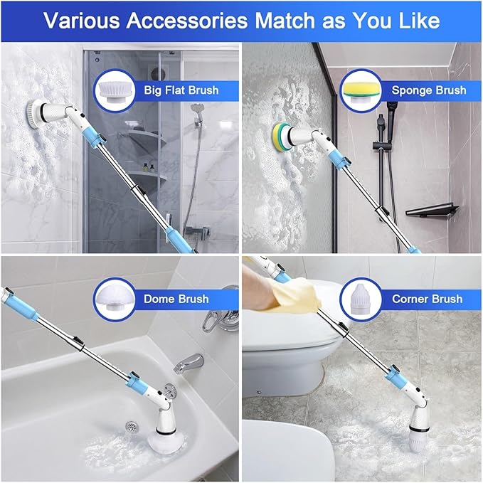 Compatible with TASVAC Electric Spin Scrubber,Cordless Cleaning Brush with 5 Replaceable Heads, Powerful Scrubbing for Bathroom, Tub, Tile, Floor, Kitchen(Blue,EU)