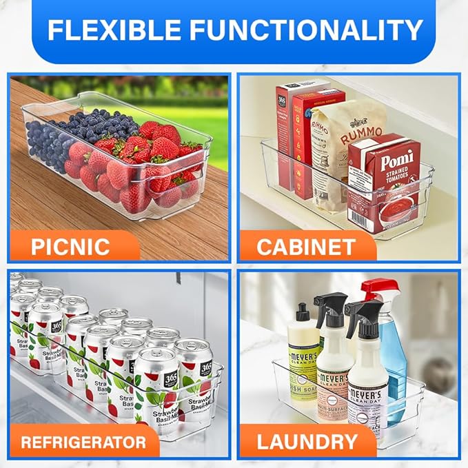 8-Piece Stackable Refrigerator Bin Organizer Set with Easy Grip Handles - Clear Multi-Purpose Storage Bins for Fridge and Pantry Use