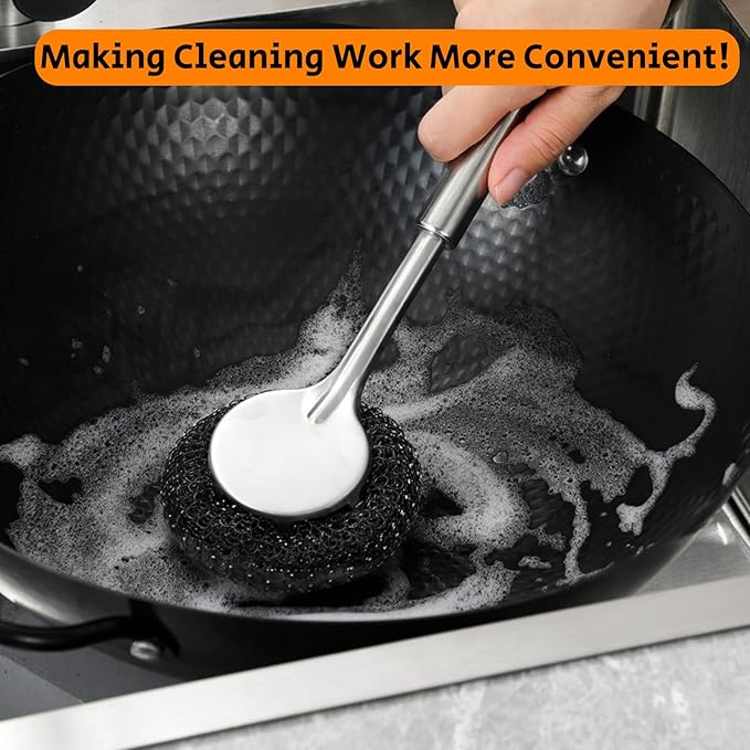 Steel Wool Scrubber with Handle, Stainless Steel Pan Cleaner Scrubber with Long Short Handle Cleaning Brush Metal Scrubber with Replacement, Steel Scrubber for Dishes Tableware Home Kitchen