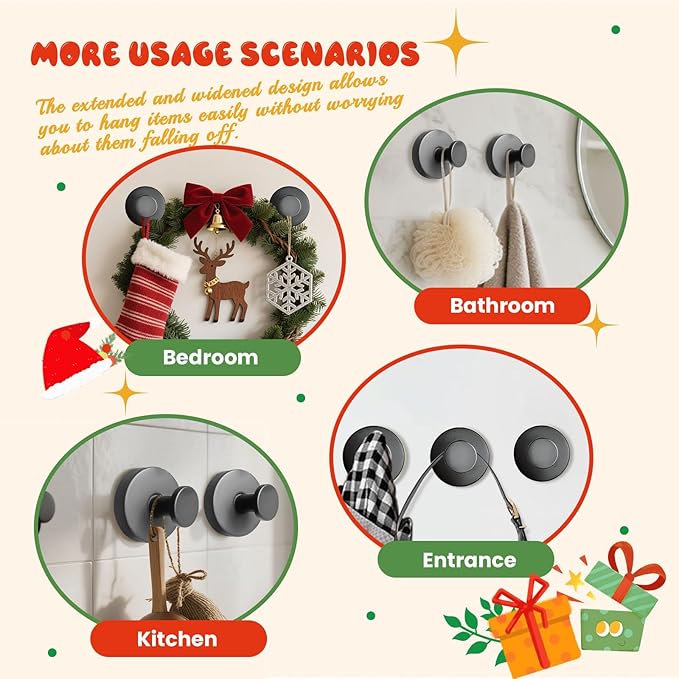 Suction Cup Hooks, Suction Cup Hooks for Shower,Removable Towel Hooks for Bathroom Window Glass Door Wall, Bath Robe Looafh Wreath Hook for Hanging (Dark Grey)