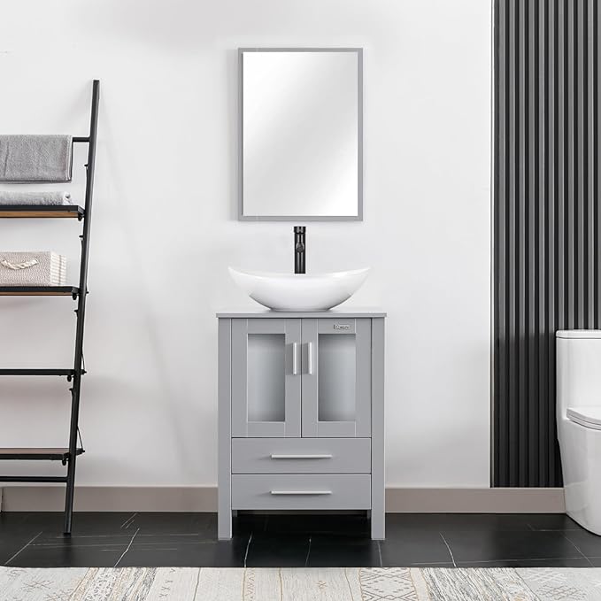 eclife 24" Modern Bathroom Vanity Sink Combo Freestanding Cabinet with Soft Closing Door, White Boat Ceramic Vessel Sink, Water Save Faucet, Drain (Gray+T44)