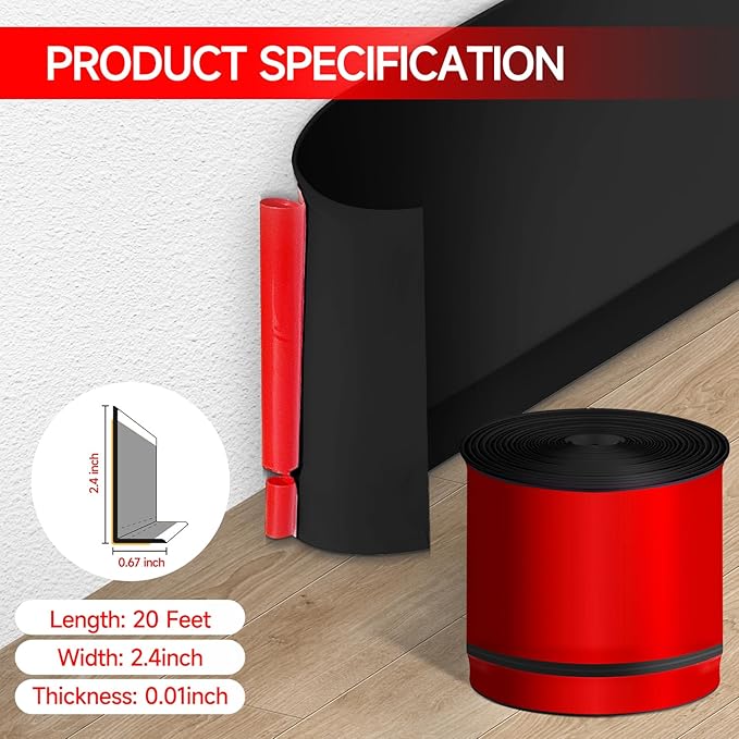 Flexible Baseboard Molding Trim 3 Inch(W) x 20 Feet(L) Self Adhesive Vinyl Wall Base Peel and Stick Cove Base,Rubber Wall Base. (Black)
