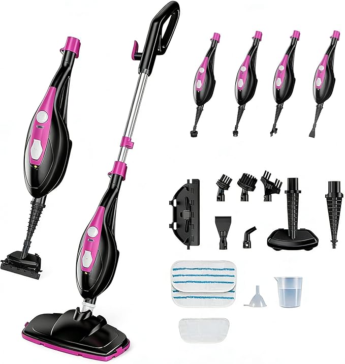 Steam Mop for Floor Cleaning, Handheld Electric Mop Steamer for Home, Hardwood Floor Steamer for Kitchen, Living Room Wood Floor Tile Carpet Clothes Cleaning, Black and Pink