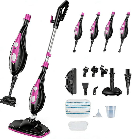 Steam Mop for Floor Cleaning, Handheld Electric Mop Steamer for Home, Hardwood Floor Steamer for Kitchen, Living Room Wood Floor Tile Carpet Clothes Cleaning, Black and Pink