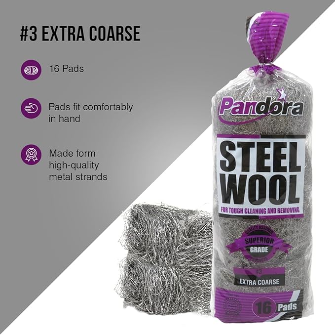Pandora Steel Wool #3 – Extra Coarse Grade, 32 Pads for Tough Cleaning and Removing - Metal Strands - Ideal to Remove Rust, Grime, and Stubborn Stains