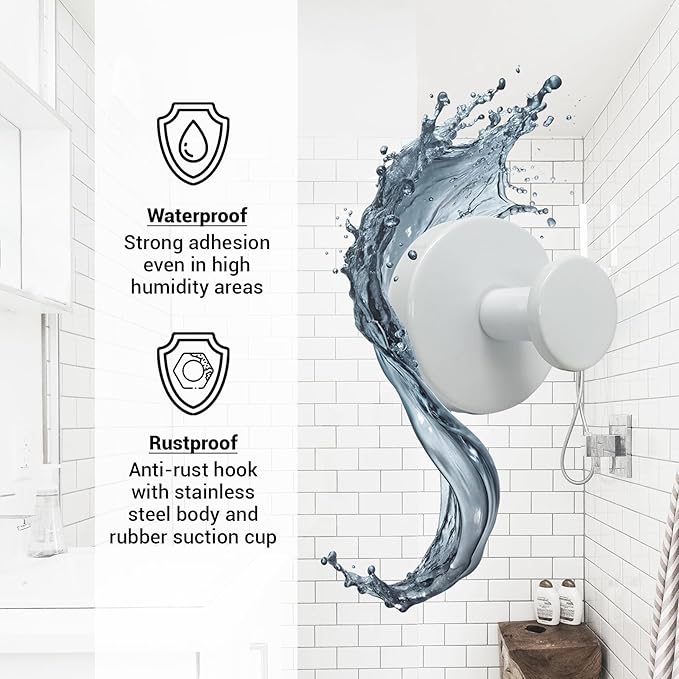 Suction Cup Hooks for Shower - 4 Pack, White - Stainless Steel, Strong Suction, No Drill, Removable Hanger, Tile Bathroom Kitchen Wall, Glass Door, Mirror Hook Hanging Robe, Towel Holder