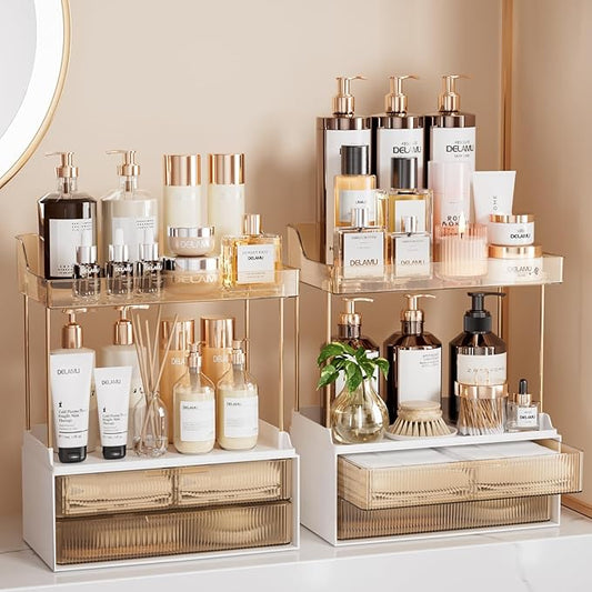 Delamu Bathroom Organizers and Storage, 2 Tier 2 Drawer Makeup Organizer Countertop, Easy to Install, Ideal for Bathroom Counter, Vanity, Ideal for Women Girls, Amber 2Pack