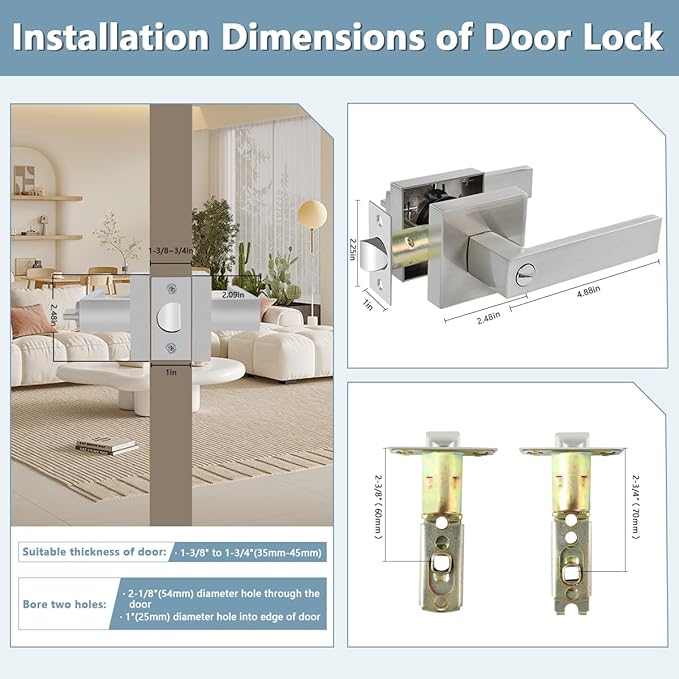 KAMOTA Privacy Door Levers, 10 Pack Satin Nickel Door Handles Bed and Bath Door Locks Interior Keyless Locksets, Left and Right Hand Reversible