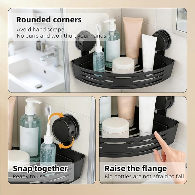 2026 New Corner Shower Shelf Suction Cup Shower Caddy, No Drilling Bathroom Storage Rack, Corners Organizer Storage Rack Adhesive with Towel Bar (Black three-layer)