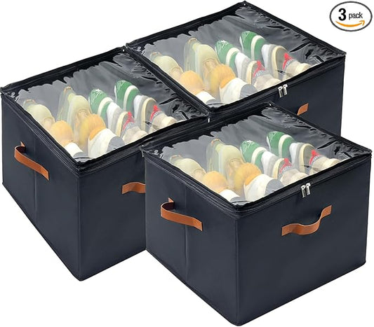 Shoe Organizer for Closet, 3 Pack Shoe Storage Bins with Clear Cover, Adjustable Dividers Fits 24-48 Pairs, Black