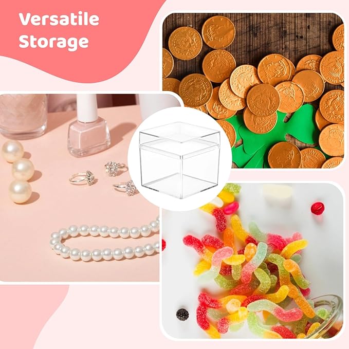 50 Pcs Acrylic Boxes with Lids, 2×2×2" Mini Clear Candy Boxes, Square Transparent Display Cases, Stackable Storage Cubes, Small Containers for Wedding Favors, Jewelry, Treats
