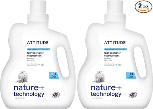 ATTITUDE Liquid Fabric Softener,Plant-Based & Vegan,HE Compatible,Naturally Derived,Wildflowers Scent,80 Loads,67.6 Fl Oz,(Pack of 2)