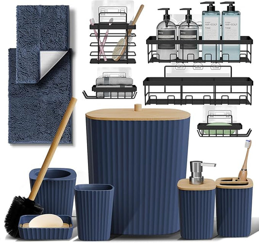 Clara Clark Bathroom Set - Navy Blue Bathroom Accessories Set, 6PC Bathroom Accessory Set, Bathroom Sets with Bathroom Rugs, Adhesive Corner Shower Caddy Hanging, Toilet Brush & Trash Can