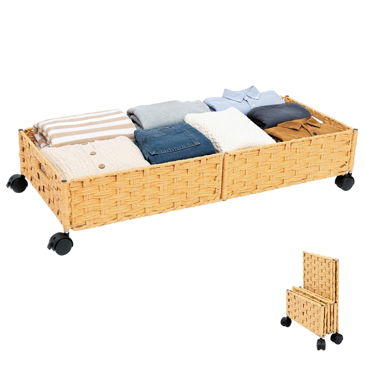 Foldable Under Bed Storage with Wheels, Rolling Wicker 1 - Image 1