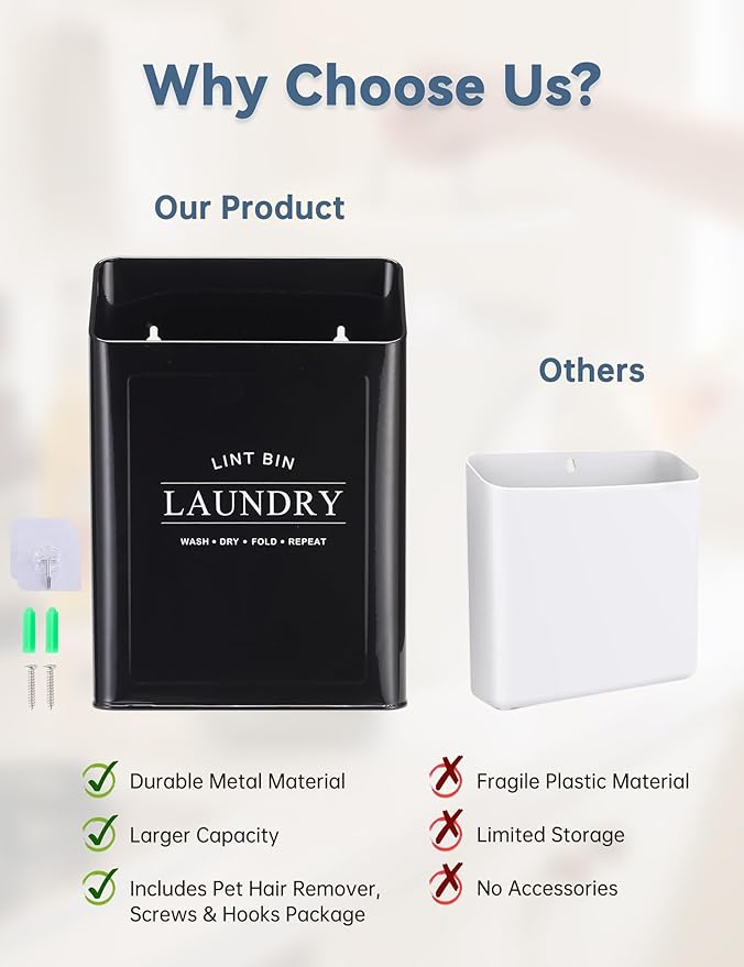 Magnetic Lint Trash Can for Laundry Room, Metal Dryer Lint Bin with 2 Pet Hair Remover, Farmhouse Laundry Room Decor, Black