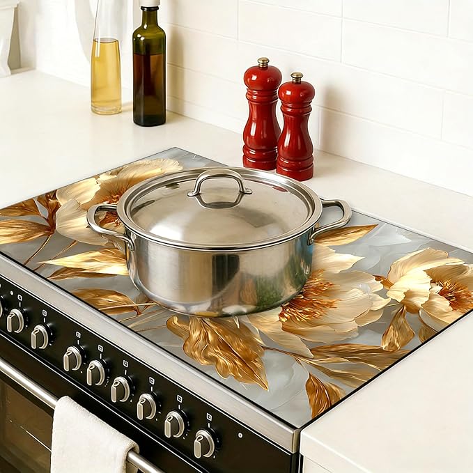 Stove Top Covers for Electric Stove, Stain-Resistant Cooktop Pad, Wipeable Range Cover, Non-Slip Counter Mat, 28.3 x 20.5 Inches, Elegant Gold Floral Decor(Peony flower)