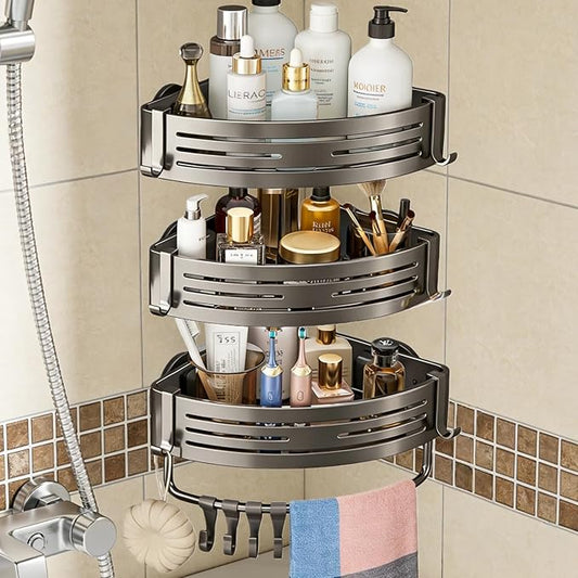 3Pcs Corner Shower Shelf Caddy Suction Cup, No Drill Hole with Towel Bar and Hook, Gray Bathroom Storage Rack, Zero Drill Triangle Shelves, Store Toiletries and Bath Towel for Bathroom Kitchen RV