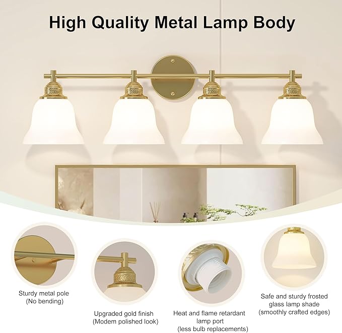 Gold Bathroom Vanity Light Over Mirror - 4 Light Wall Sconce with Frosted Glass Shades, Mid Century Farmhouse Bathroom Light Fixtures for Bedroom, Hallway (Gold Finish)