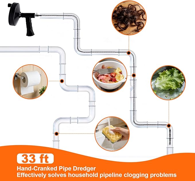 33 ft Snake For Drain,Plumbing Snake, Heavy Duty Flexible Hair Clog Remover Drain Snake Tool for Shower, Bathroom, Bathtub and Kitchen Sink Pipes (Black)