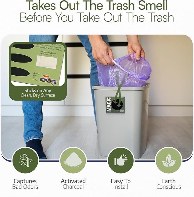 Trash Magic Activated Charcoal Trash Can Odor Eliminator - Peel & Stick Garbage Can Deodorizer - Air Freshener for Fridge, Compost, Drawers & Diaper Pails - Lasts 4 Months - Made in USA (8 Pack)