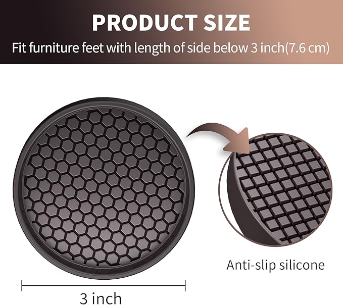 Ezprotekt Non Slip Furniture Pads, 4 Pcs 3" Anti Slip Rubber Caster Cups, Anti Skid Furniture Coasters for Hardwood Floors, No Slide Furniture Gripper, Furniture Stoppers to Prevent Sliding (Brown)