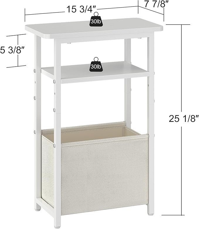 Narrow Side Table, Skinny End Tables with Fabric Basket, Small Side Tables for Small Space, 2-Tier Open Shelves with Basket, Slim Nightstands for Bedroom,Living Room,Office, White