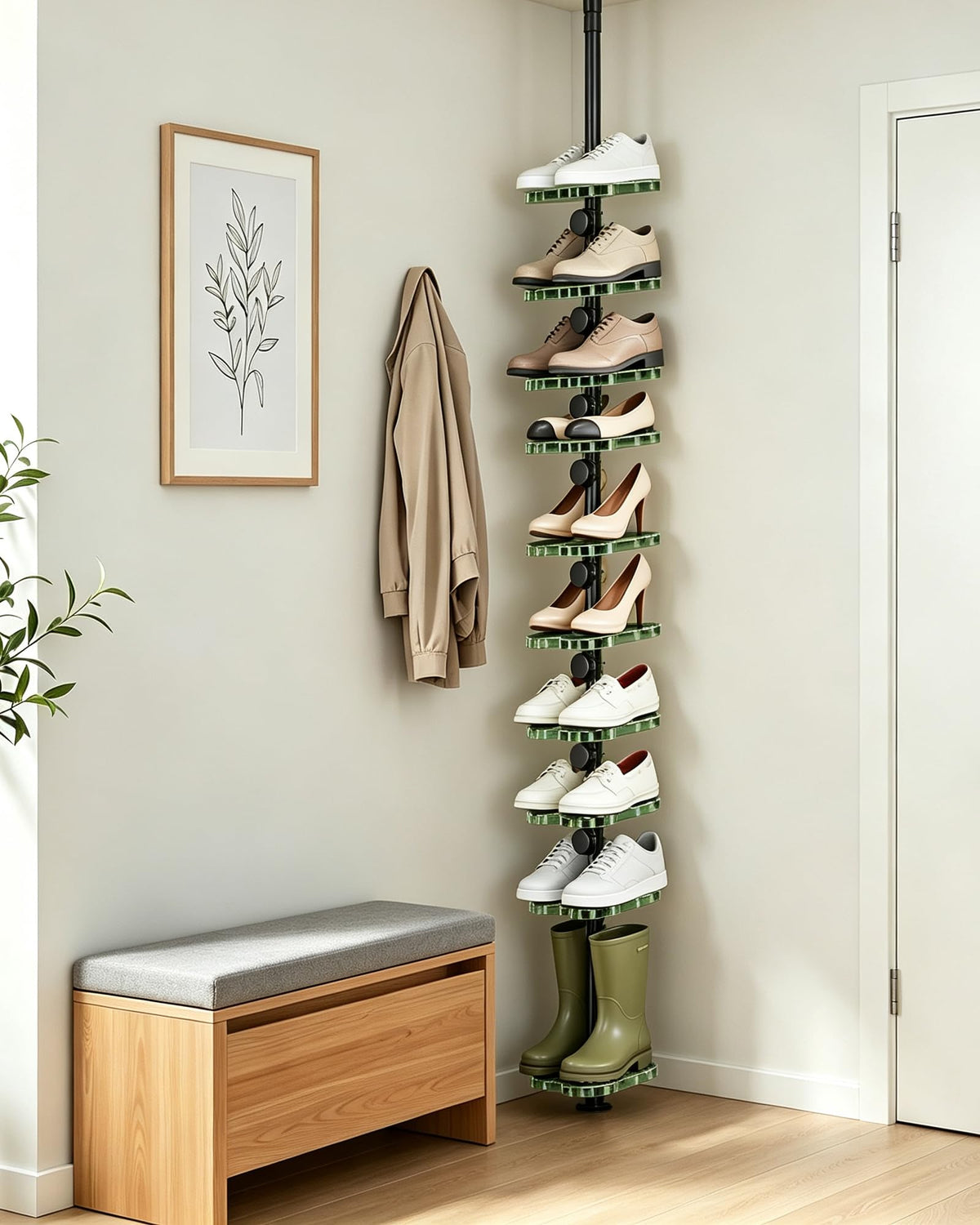 10-Tier Tension Pole Vertical Shoe Rack Tall Narrow - Image 1